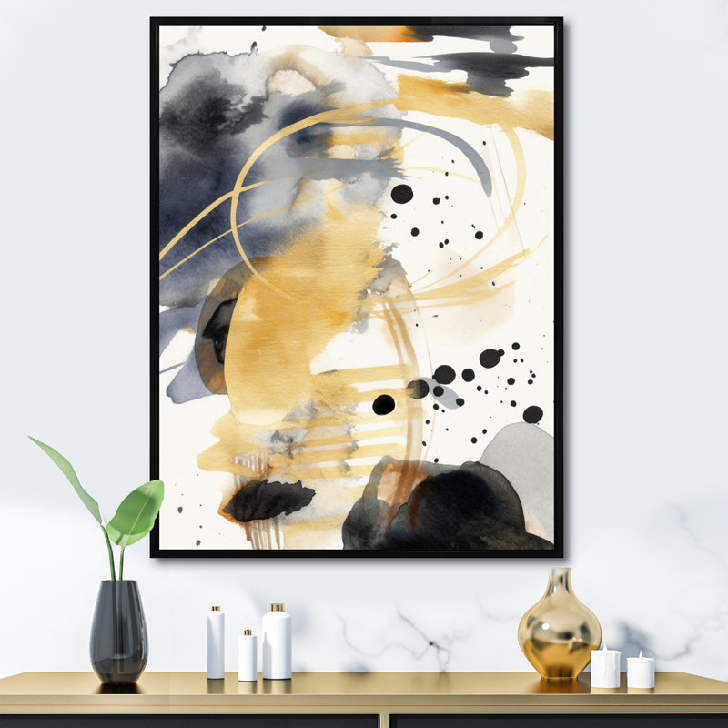 Abstrait pastel avec taches bleues et dorées sur fond noir, H 32 po x l 24 po x P 1 po, Cadre flottant noir