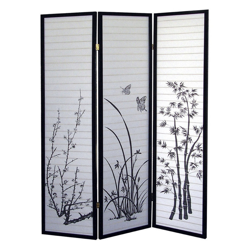 Cloison 70 pouces à 3 panneaux de hauteur / motif floral avec finition noire, 70.07" H x 50.07" W x 6.07" D