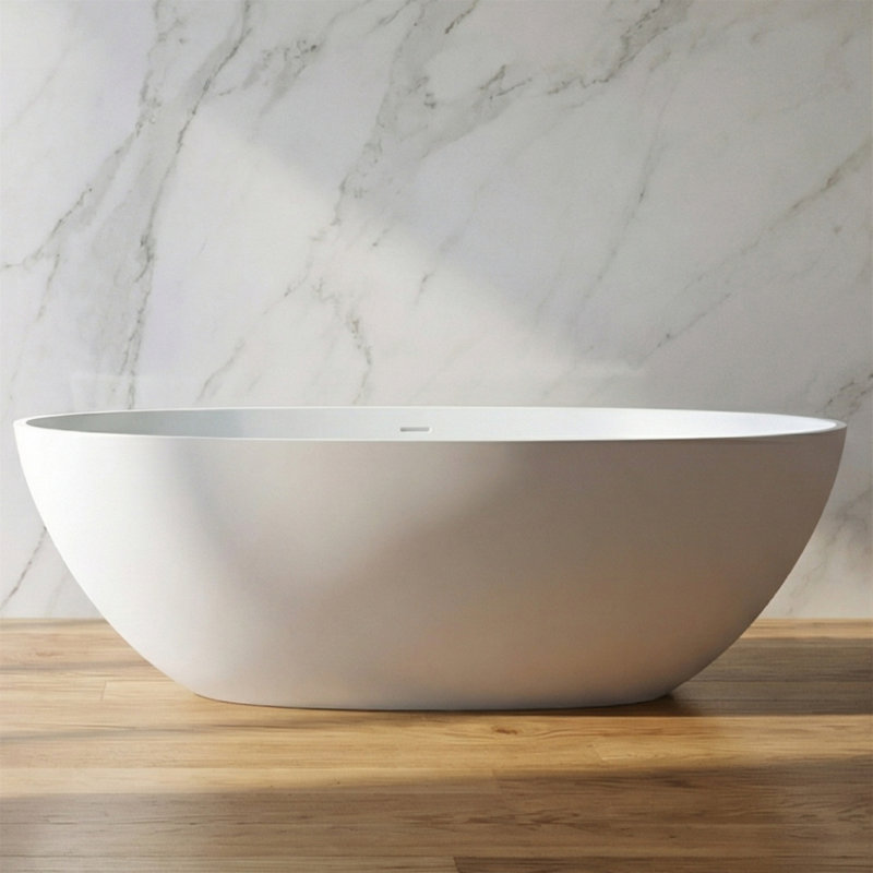 Baignoire de trempage autoportante en résine de 59 po, excellente rétention de la chaleur, courbure ergonomique, surface solide à haute densité, bonde escamotable chromée et trop-plein