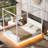 White Queen Size Wood Canopy Platform Bed with LED Lights & Support Slats – No Box Spring Needed-1646490238