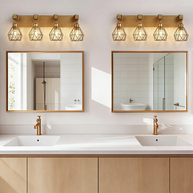 Farmhouse Vanity Light Fixture With Metal Shade And Wood Accents, 4-Light Antique Brass Wall Sconce For Bathroom, Bedroom, And Hallway