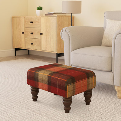 Tartan Material Large Footstools Tartan - Claret Red - Wood Turned Leg