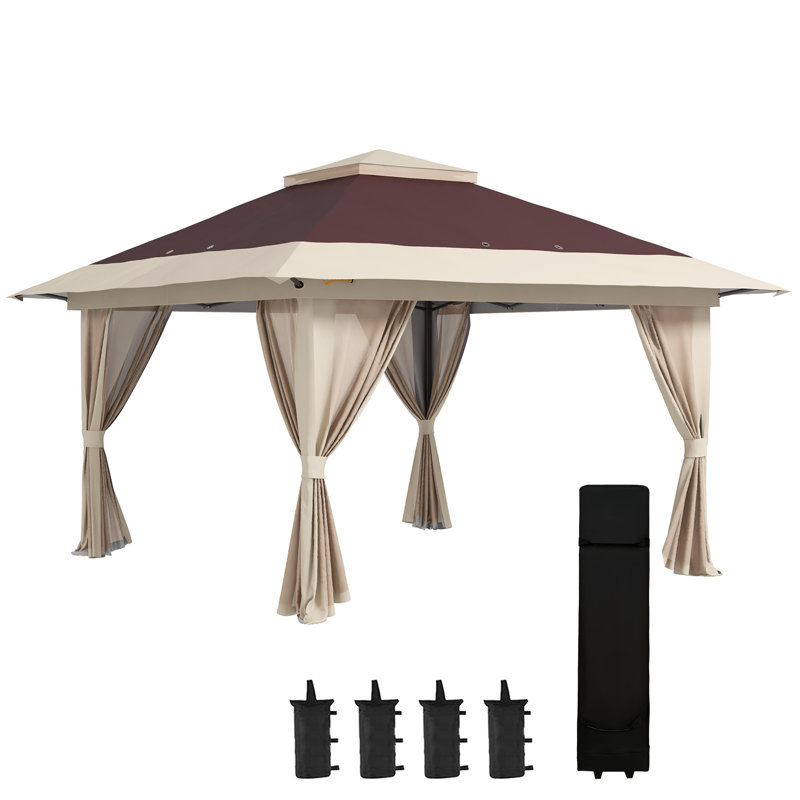 Brown and Beige Steel Pop-Up Gazebo with Mesh Walls
