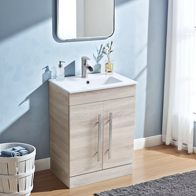 Ensemble de meuble-lavabo simple autoportant à 2 portes en bois grain de bois avec plateau en céramique Quinnlyn