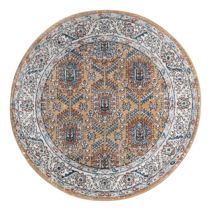 Weingartner Performance Mustard Yellow/Ivory/Blue Rug, Round 5'3"