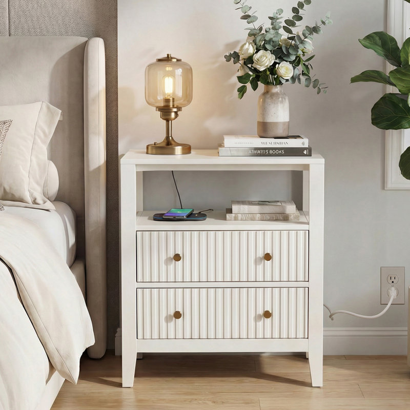 Fluted Nightstand With with USB Ports and Outlets, White, Individual