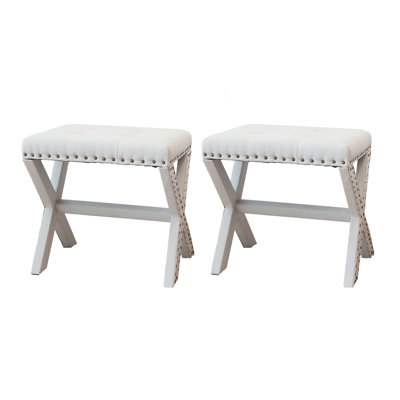L 19 po x P 17 po x H 17 po, 1 tabouret décoratif en lin et bois massif, capitonné, avec garniture cloutée et structure en bois à base en X