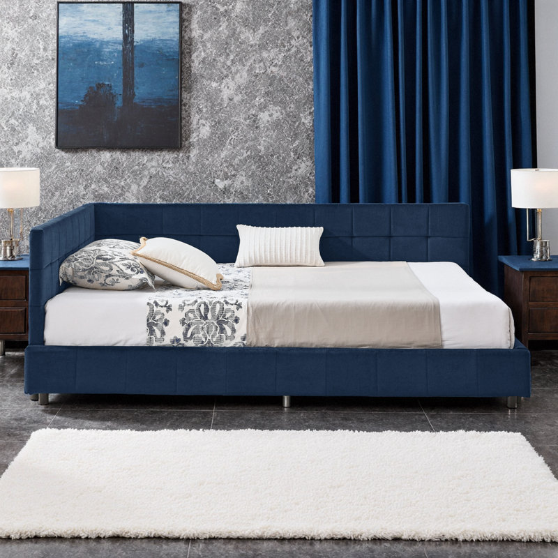 Canapé-lit rembourré en velours bleu foncé Mid-Century avec dossier et accoudoirs, lit de jour pour chambre à coucher et salon