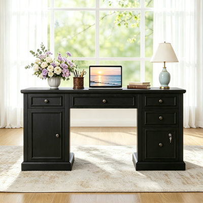 Bureau de direction 59 po avec tiroirs et prises de courant encastrées, bureau d'ordinateur en bois rustique avec classeur verrouillable