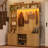 77''H Modern Fluted Hall Tree with Bench and Shoe Storage, Entryway Bench with Coat Rack & 6 Hooks, Smart RGB LED Lighting, Adjustable Shelves & Umbrella Holder, Mudroom/Hallway Storages Cabinet with Sliding Doors & Rounded Corners-1801411289