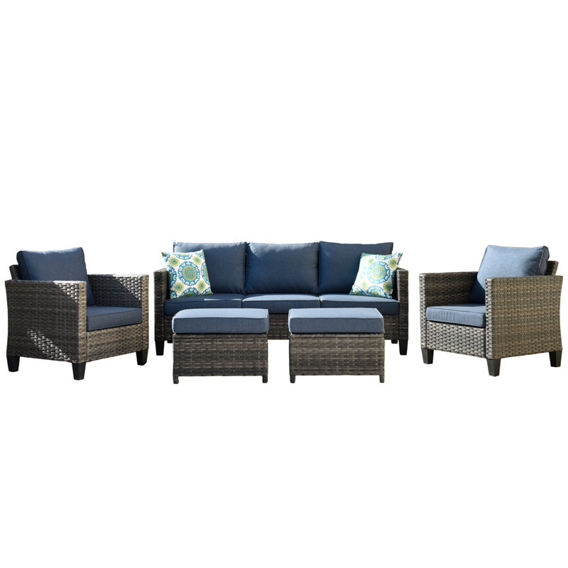 Premium All-Weather Wicker 5 - Person Patio Conversation Set with Cushions, Blue