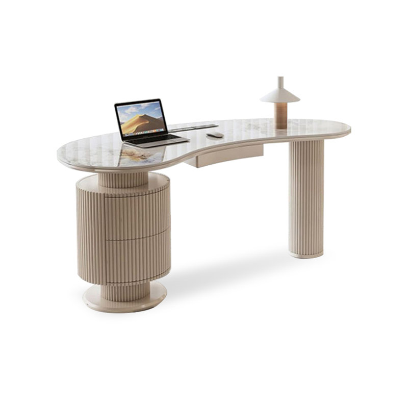 Bureau courbé en cristal fritté + bois manufacturé avec 3 tiroirs, H 29,56 po x l 55,12 po x P 27,56 po, Retour à gauche