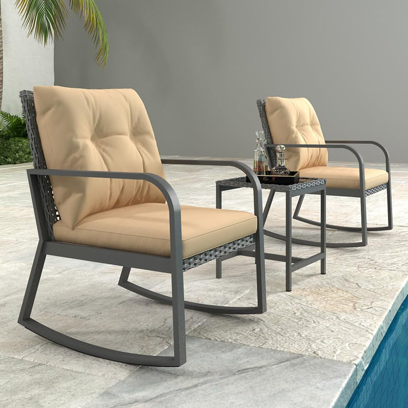 3 Pieces Patio Bistro Set Set Outdoor Furniture With 2 Black Wicker-Top Rocking Chairs Going With Cobalt Khaki Cushions And 1 Glass-Top Table For Countyard, Poolside