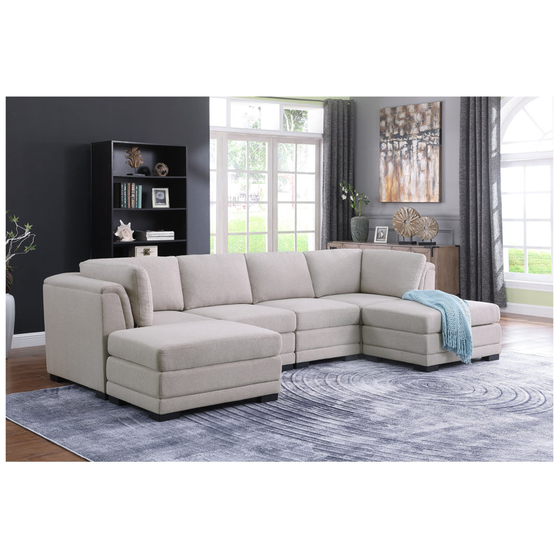 Canapé d'angle modulaire réversible Kristin 121,5 po en tissu lin gris pâle avec 2 poufs
