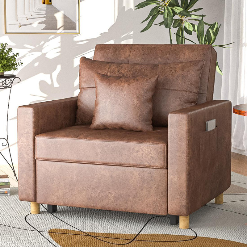 Fauteuil convertible en cuir véritable capitonné de 40 po de large Seamus, Similicuir brun sellette