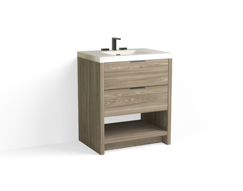 Vue 30" W Freestanding Single Bathroom Vanity, Nimbus, Glossy White/8" Widespread, Matte Black