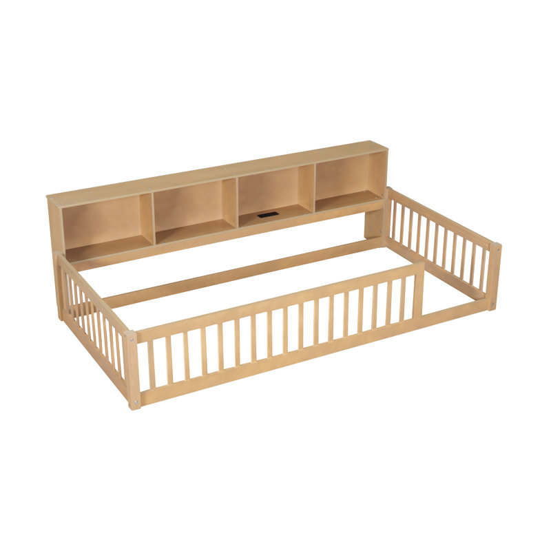 Lit en bois avec armoires de rangement et ports USB, Brun