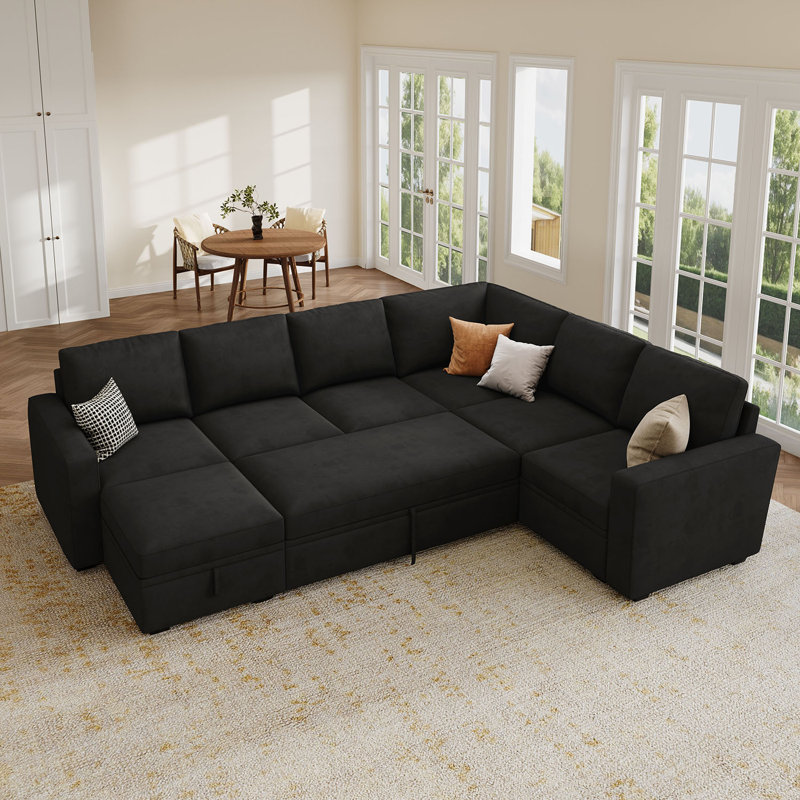 Canapé-lit modulaire en U avec rangement Anureet Latitude Run®, Black Polyester/Velvet