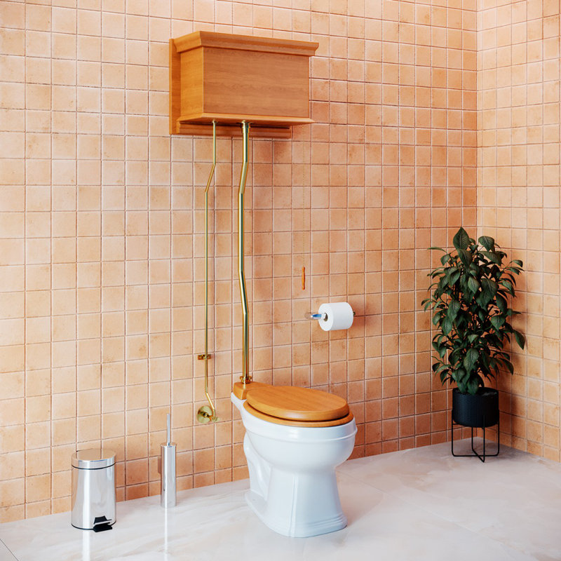 The Renovators Supply High Tank Pull Chain Toilet Wooden Finish (Seat not Included), Antique Light Oak/Gold