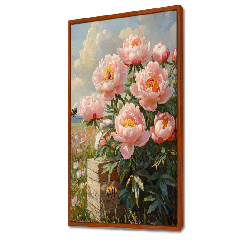 Pivoines par la ruche - art mural pivoines, H 60 po x l 28 po, Impression encadrée sans passe-partout, Brun