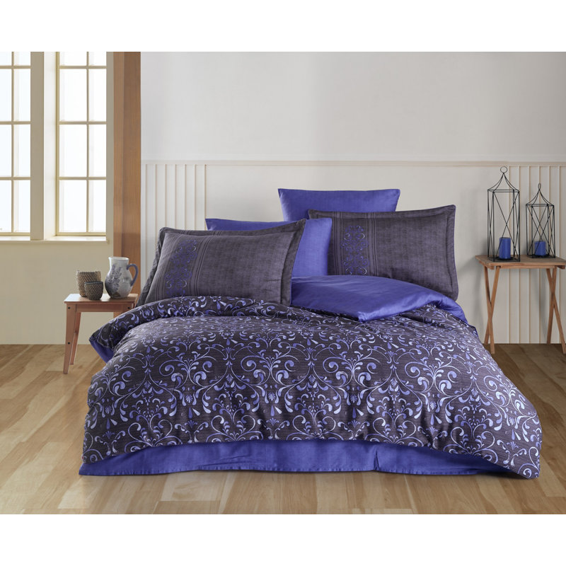 Ensemble de housse de couette double en satin de luxe, 100% coton, lilas et anthracite | Housse de couette 78,7 po x 86,6 po, drap plat 94,5 po x 102,4 po, 4 taies d'oreiller 19,7 po x 27,6 po | 210 fils, lavable à la machine, conception élégante pour les chambres confortables
