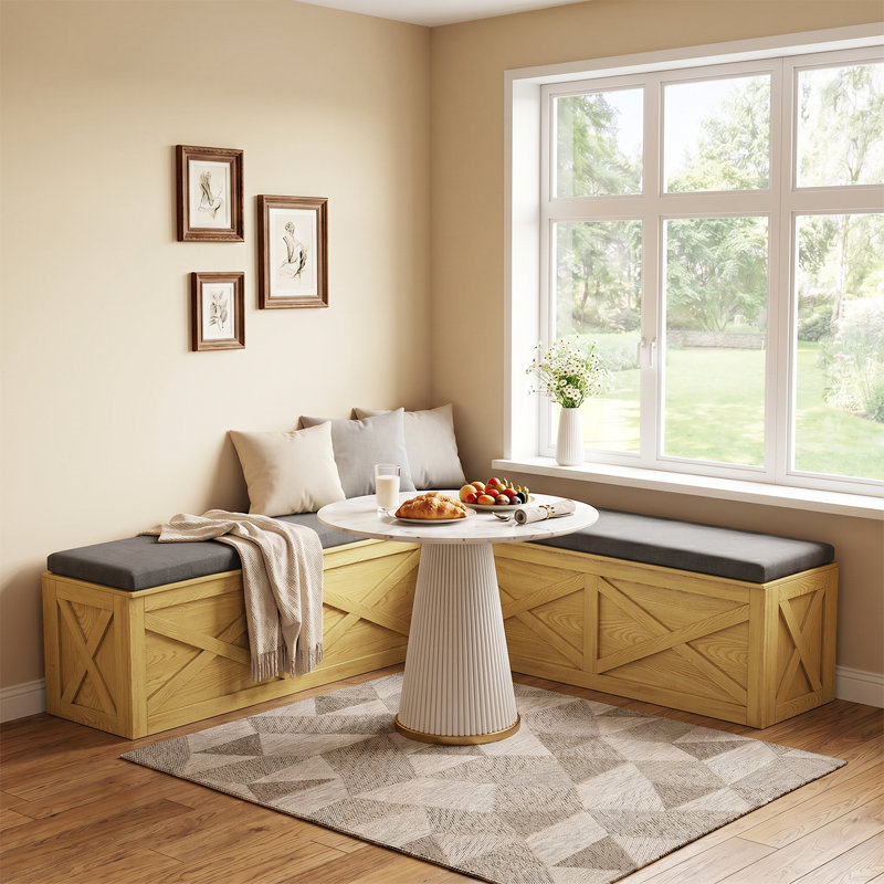 L-Shaped Corner Bench With Storage, Breakfast Nook Bench With Gray Cushions, Natural, Natural Wood