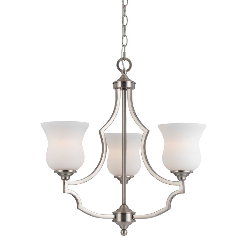 Lustre à 3 lumières en acier brossé de 56 cm de hauteur, avec abat-jour en verre blanc dépoli, douille E26 60 W et chaîne en métal de 1,8 m.