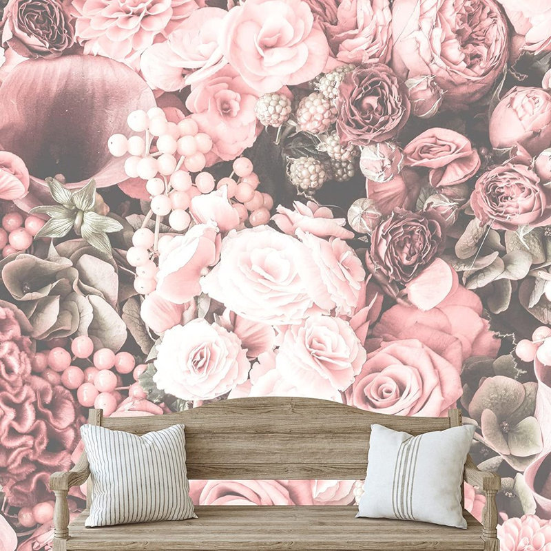 Adhésif mural collage fleur rose, L 66 po x l 96 po