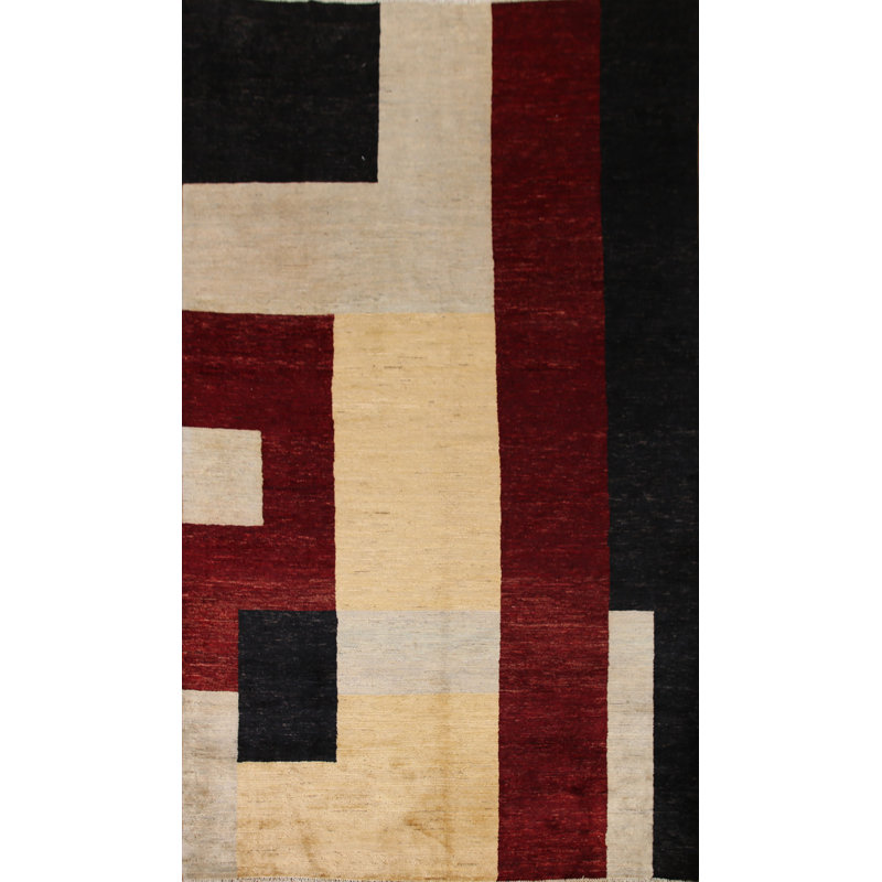 Tapis géométrique marron / gris / noir en laine noué à la main 6 pi 6 po x 9 pi 5 po Geometric