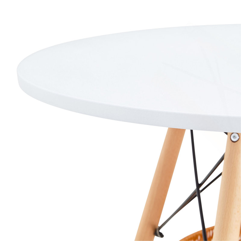 Table de salle à manger circulaire de 31,5 pouces de diamètre, plateau en panneau de fibres à densité moyenne blanc, pieds en bois massif, avec structure de panier de rangement tissé suspendu. Une table basse décontractée pouvant accueillir de 2 à 4 personnes.