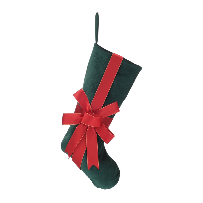 46cm green velvet stocking with red bow