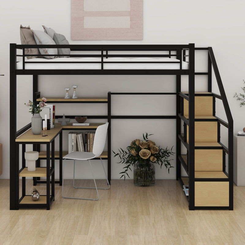 Full Size Metal Loft Bed With Staircase,Full-Length Guardrails,A Built-In Desk And Shelf,No Box Spring Needed,Noise Free,For Juniors&Adults