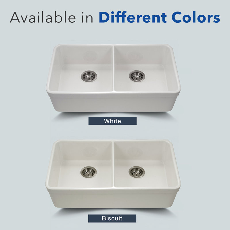 Houzer Apron Front / Undermount 32-3/16" Fireclay Double Bowl 50/50 Kitchen Sink, White