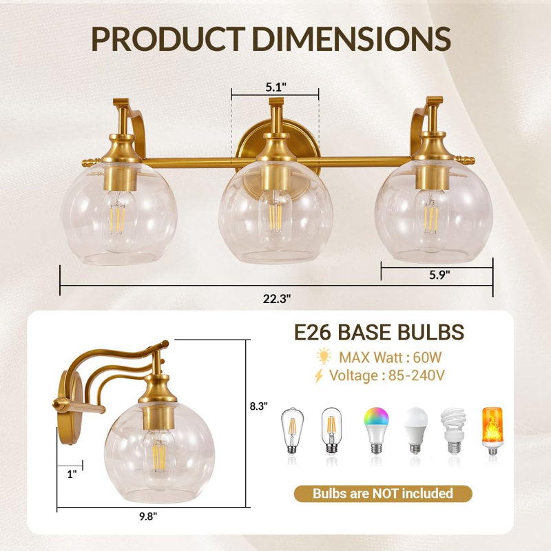 Luminaire de meuble-lavabo en laiton antique avec abat-jour en verre transparent, applique murale 3 lumières pour la salle de bain, la chambre à coucher, le salon et le couloir