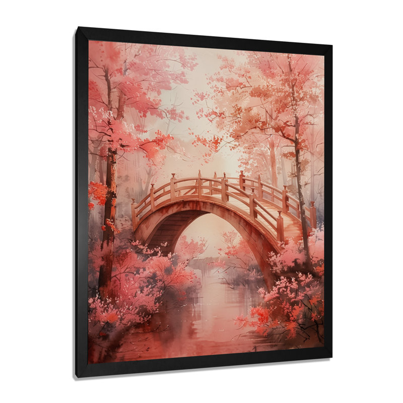 «Pink Brown Spring Bridge of Dreams Blooms IV», reproduction d'art mural, Cadre simple noir, H 24 po x l 32 po