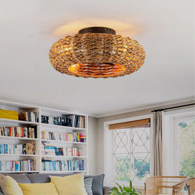 19.6" Bamboo Ceiling Fan With Remote Control ,6 Speed, DC Motor  Reversible Ceiling Fan For Living Room, Bedroom--NOT INCLUDED BULBS