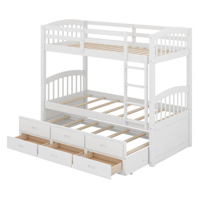Solid Wood Twin Over Twin Bunk Bed With A Trundle Bed, 3 Drawers And Built-In Ladder