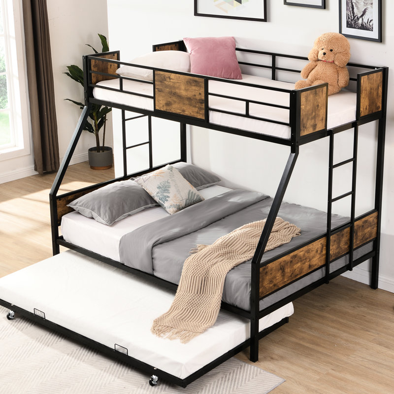 Lit superposé moderne au-dessus d'un lit double en métal avec lit gigogne, fabrication stable et silencieuse, aucun sommier tapissier requis, noir et brun, rangement généreux, sommier robuste facile à assembler, grand espace de rangement,