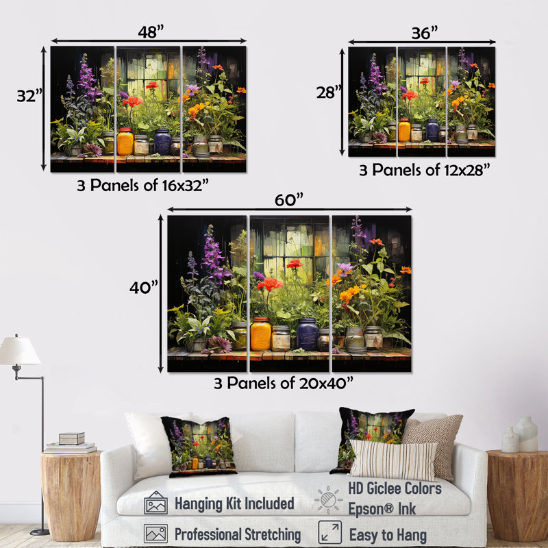 Ensemble de décoration murale Blooming Urban Harvest With Poteries I - Herbes florales, H 40 po x l 60 po x P 1 po