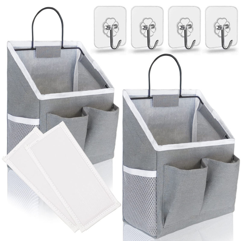 Set Of 2 Small Wall Organizers, Linen Door Hanging Storage Baskets With Pockets And Hooks, Grey