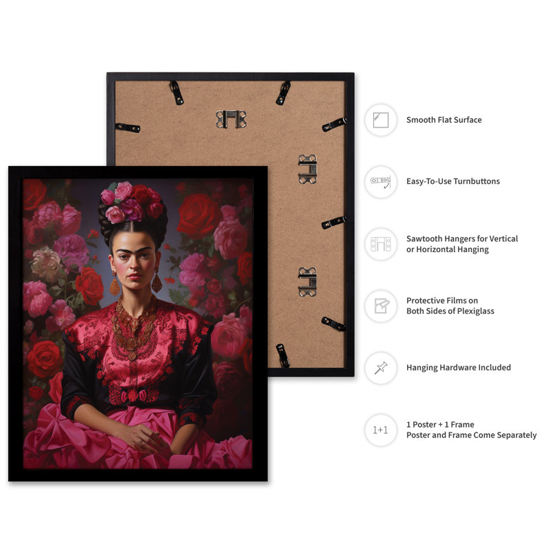 Portrait floral rose Frida, Black Framed, Poster, 11"H x 14"W