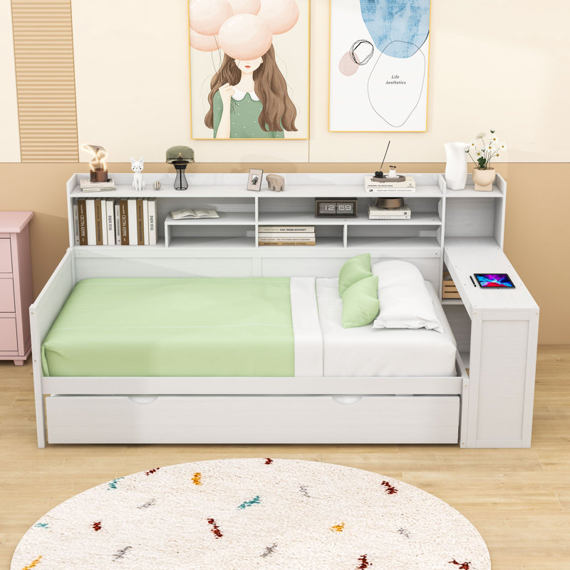 Wooden Daybed with Storage Shelves,  Trundle Bed and Study Desk, Twin, Antique White