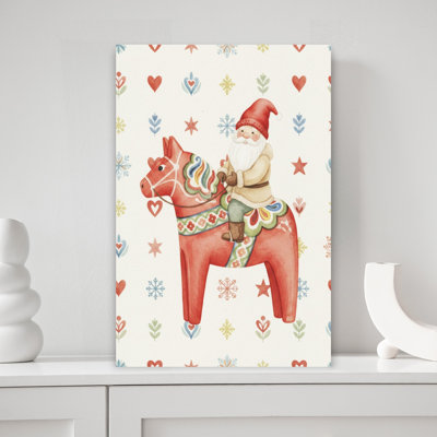 «Santa on Dala Horse», fantaisiste, cheval abstrait, paysage d'hiver, reproduction d'art mural