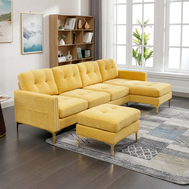 Jiuliana Upholstered Sectional Reversible, Yellow Velvet, Gold