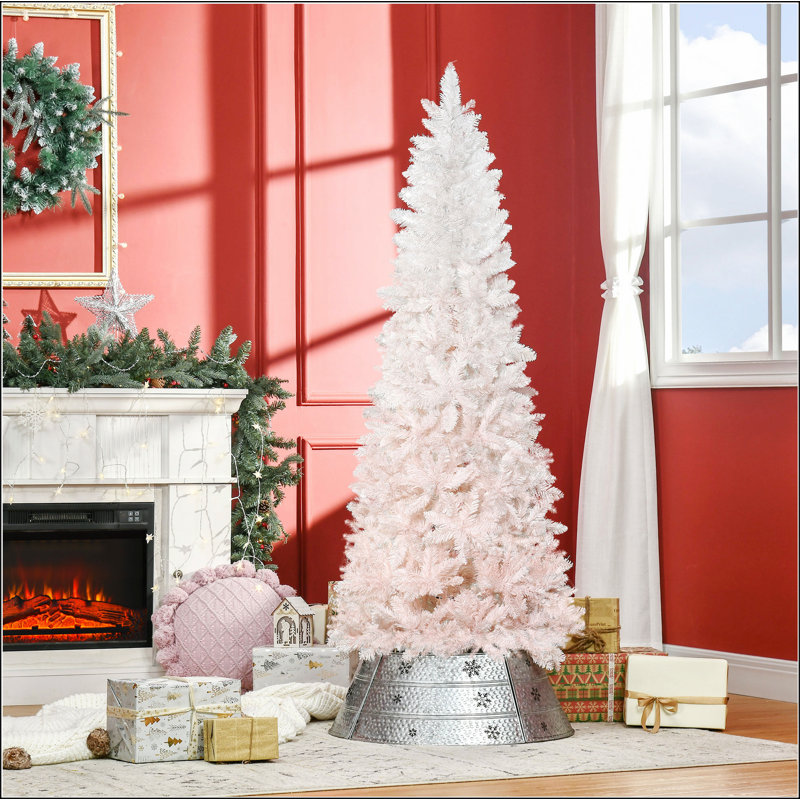 Sapin de Noël artificiel non éclairé 6 pi avec branches réalistes et base en acier, rose et blanc