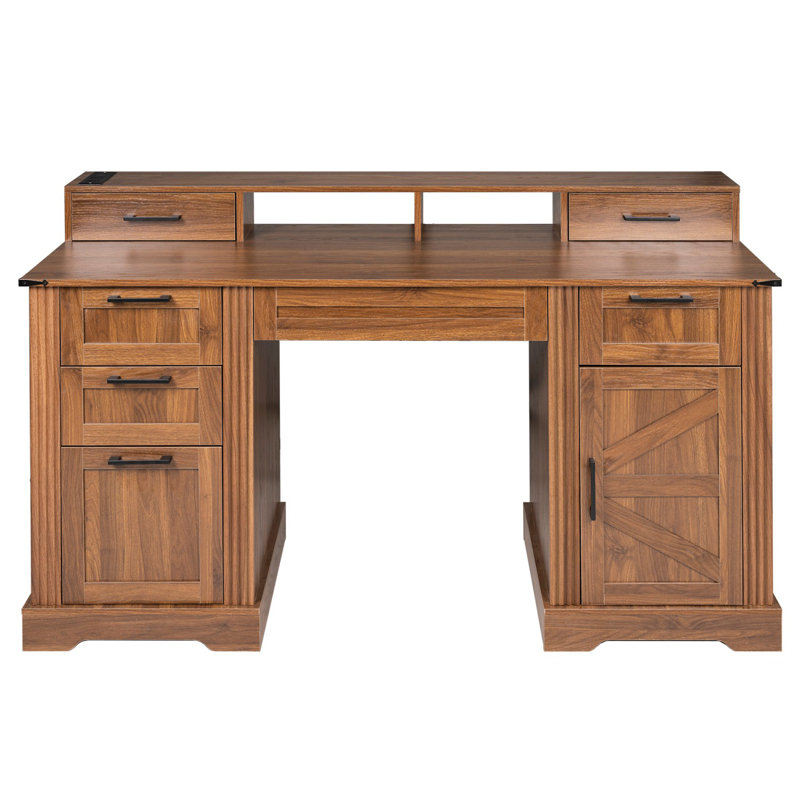 59" Farmhouse Office Desk With Charging Station & Barn Door,Computer Desk With File Drawer,Keyboard Tray, Walnut