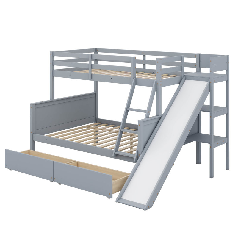 Lit simple superposé au dessus d'un lit double avec rangement à glissières et tablettes intégrées, Gris