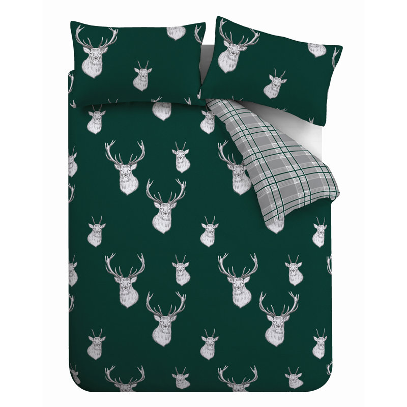 Stag Check Reversible Duvet Cover Set, Beige, Kingsize Duvet Cover + 2 Standard Pillowcases