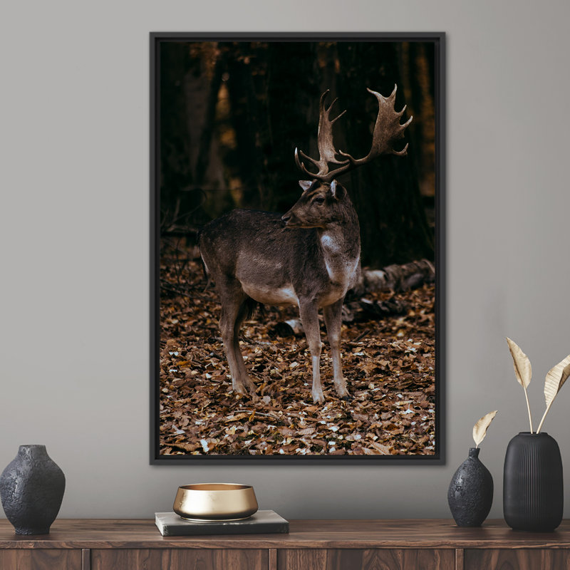«Wild Enthusiast's Dream: Majestic Deer in Forest Landscape», art mural sur toile, Noir, noir, noir, noir, H 94 po x l 41 po