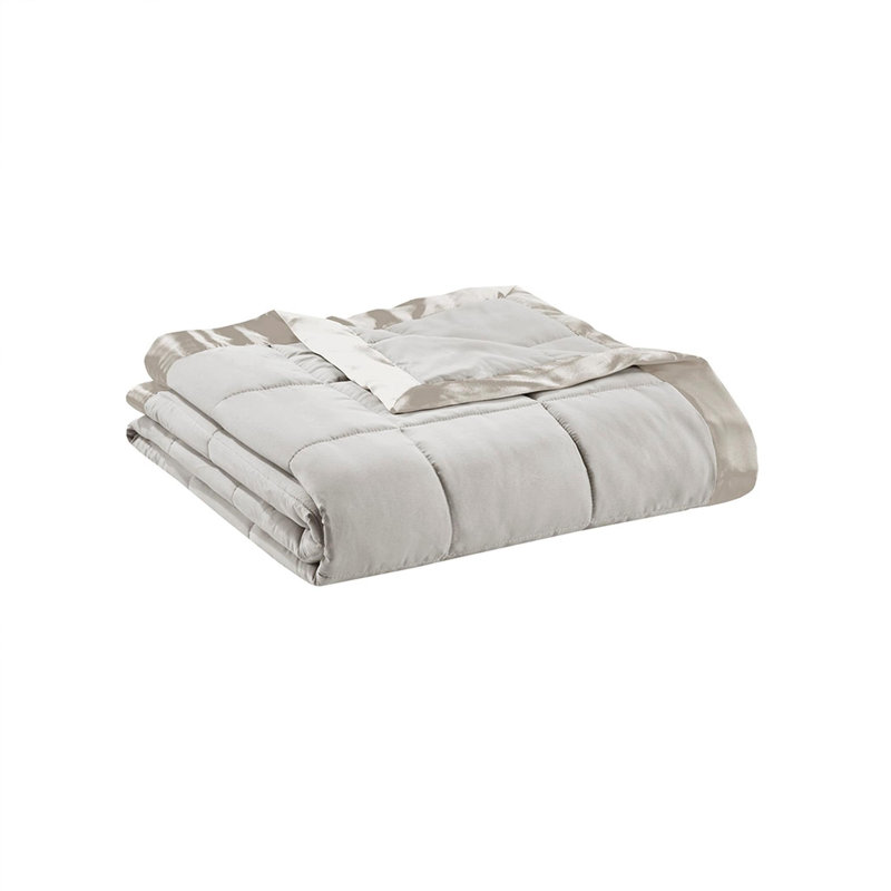 Couverture légère en duvet synthétique avec bordure en satin bleu simple, Gris, Lit simple